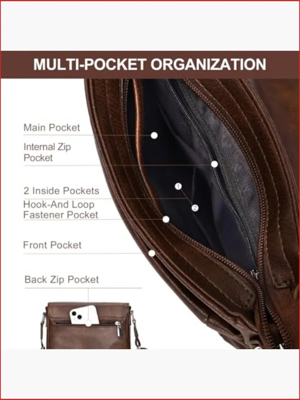 Vegan Leather Crossbody Messenger Bag for Men with Adjustable Strap